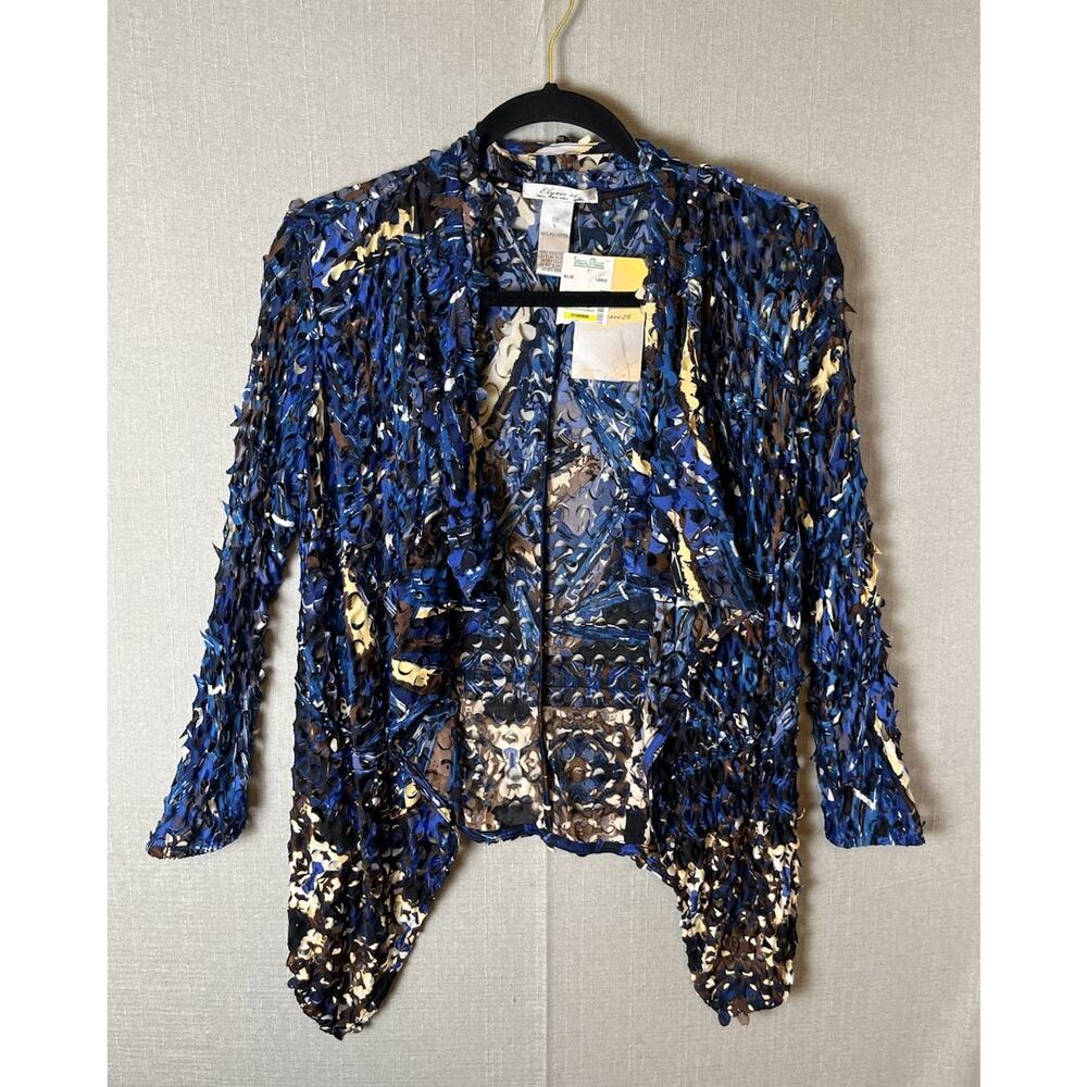 VTG Womens Size Large Open Front Cardigan Blue Brown Whimsigoth Distressed NOS